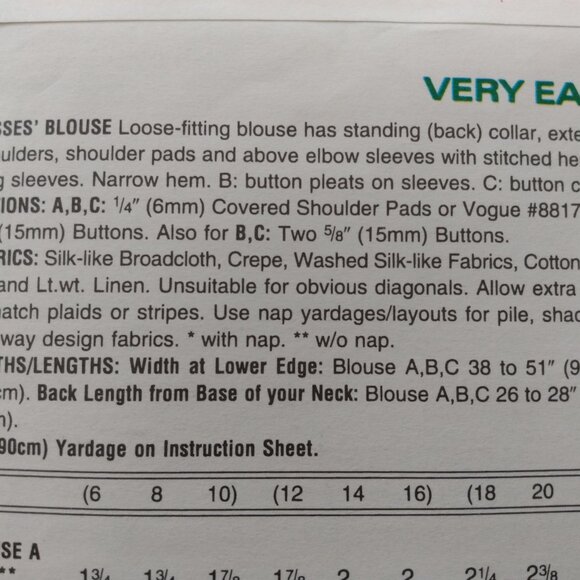 Vintage Vogue Blouse Shirt Sewing Pattern 6-10 UNCUT 9039 90s - Picture 10 of 14
